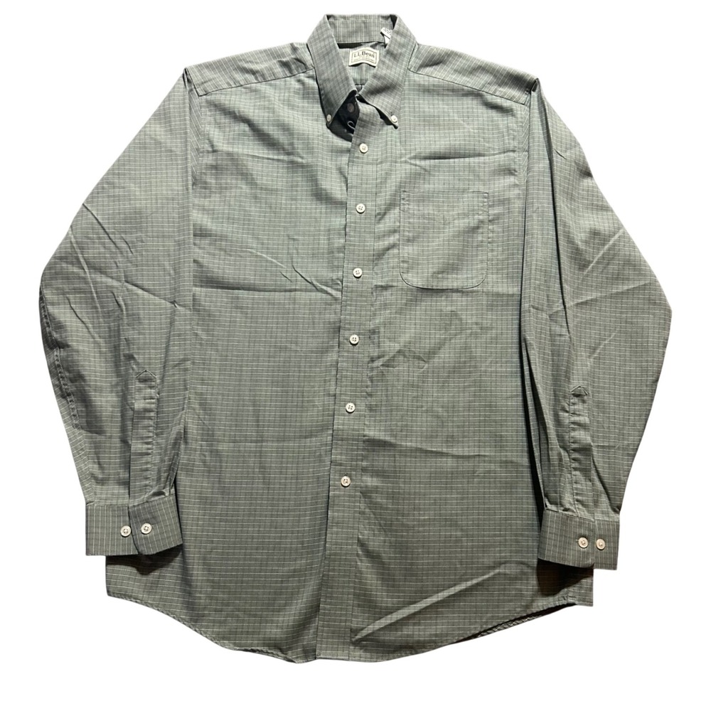 L.L. Bean Shirt Mens M Green Grid Check Button Down Cotton Long Sleeve
